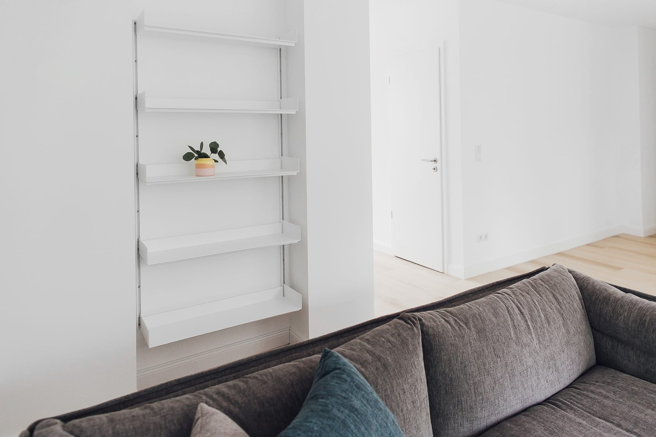 Modernes Wohnzimmer mit weißem Regal, Pflanze und einem bequemen grauen Sofa