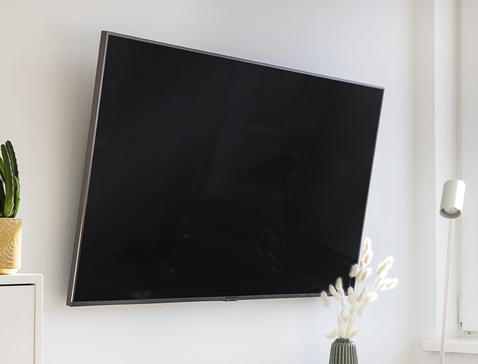 Großer Flachbildfernseher an weißer Wand, minimalistische Einrichtung, Zimmerpflanzen daneben
